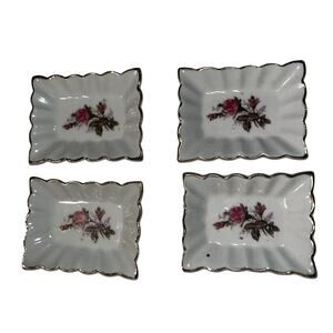 Vtg Wales Made in Japan Ashtray Dish Set 4 Roses 3-1/4" x 2-1/2" Butter Pats